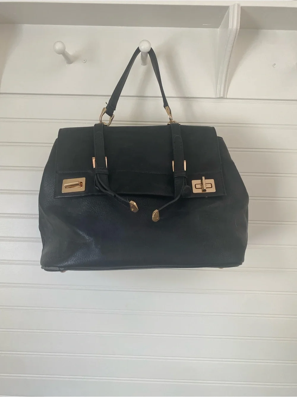 Black Leather Satchel Handbag with Gold Hardware